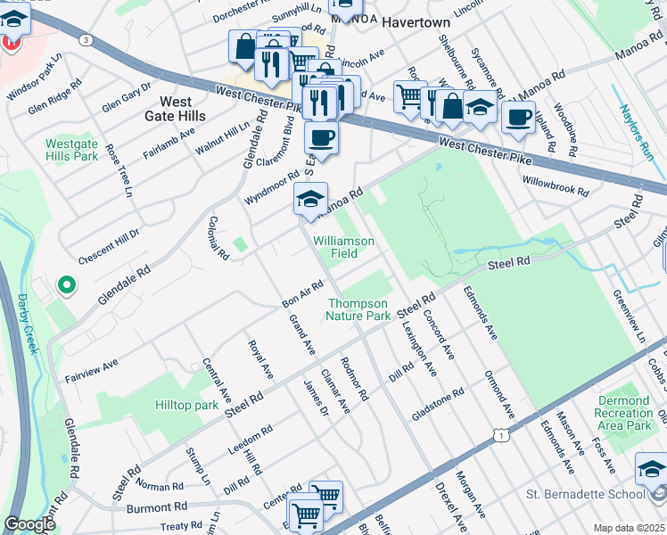 map of restaurants, bars, coffee shops, grocery stores, and more near 605 South Eagle Road in Havertown