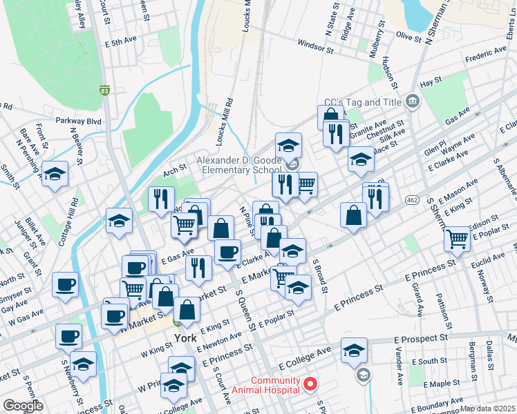 map of restaurants, bars, coffee shops, grocery stores, and more near 324 Wallace Street in York