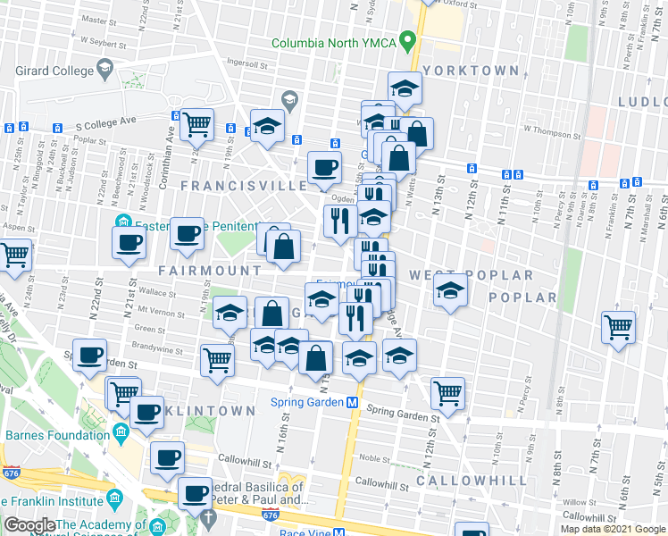 map of restaurants, bars, coffee shops, grocery stores, and more near 1422 Ridge Avenue in Philadelphia