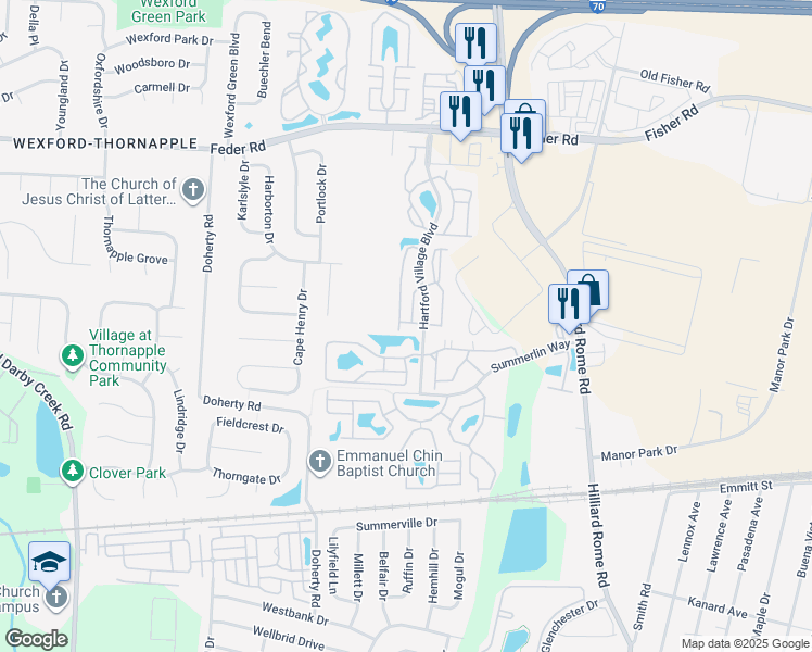 map of restaurants, bars, coffee shops, grocery stores, and more near 5547 Valley Ridge in Columbus