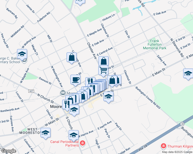 map of restaurants, bars, coffee shops, grocery stores, and more near 82 East 3rd Street in Moorestown