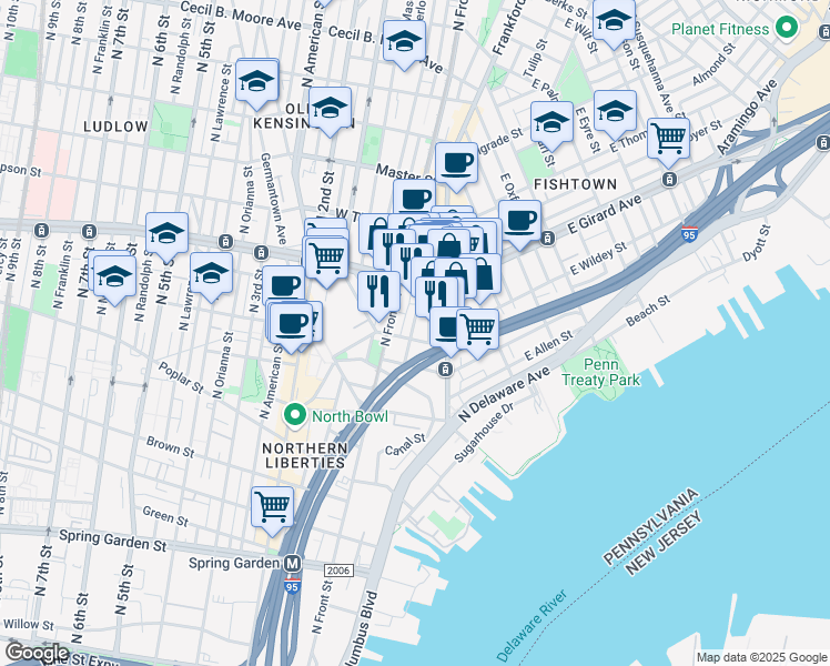 map of restaurants, bars, coffee shops, grocery stores, and more near 1105 Leopard Street in Philadelphia