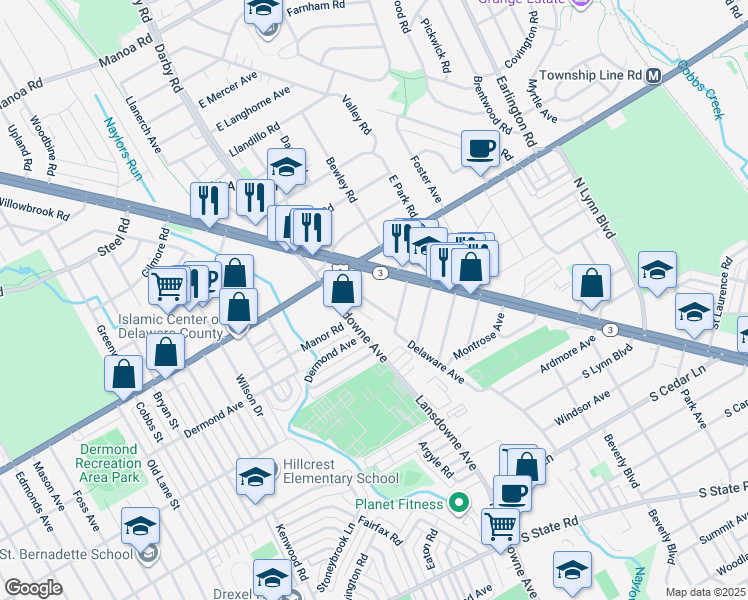 map of restaurants, bars, coffee shops, grocery stores, and more near 8527 Monroe Avenue in Upper Darby
