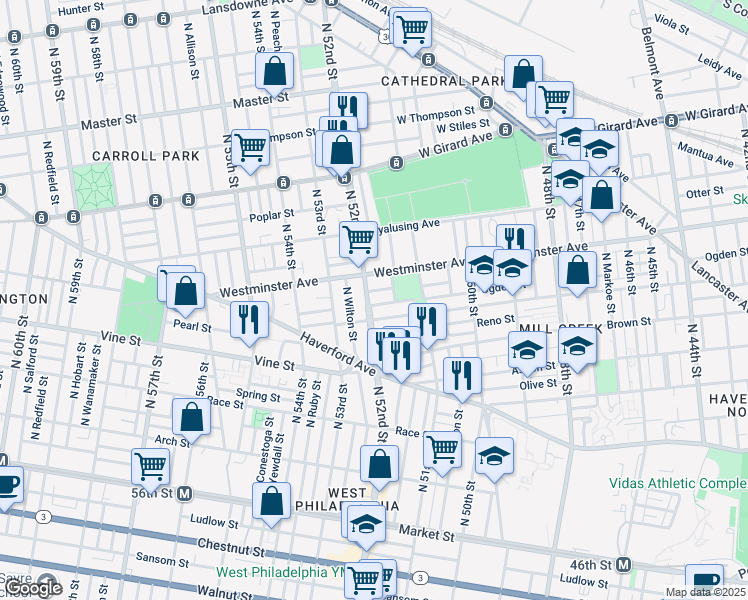 map of restaurants, bars, coffee shops, grocery stores, and more near 423 North 52nd Street in Philadelphia