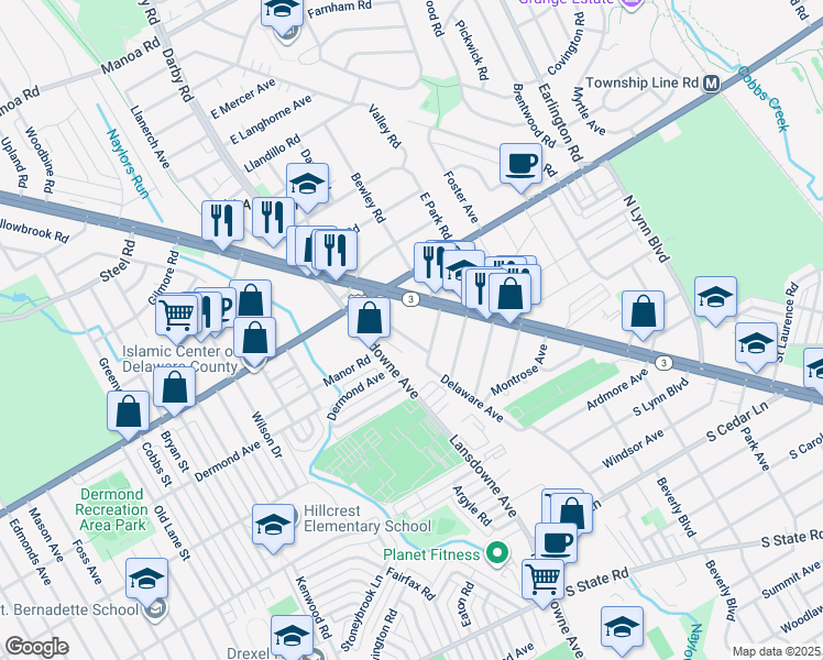 map of restaurants, bars, coffee shops, grocery stores, and more near 8525 Monroe Avenue in Upper Darby