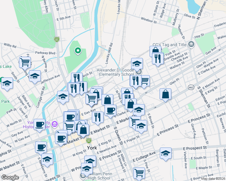 map of restaurants, bars, coffee shops, grocery stores, and more near 231 North Pine Street in York