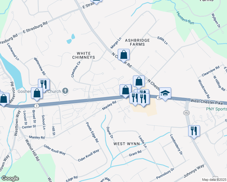 map of restaurants, bars, coffee shops, grocery stores, and more near 103 Treetops Lane in West Chester