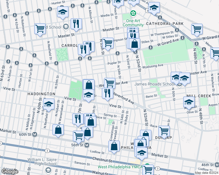 map of restaurants, bars, coffee shops, grocery stores, and more near 407 North 55th Street in Philadelphia