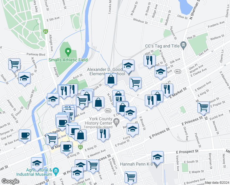 map of restaurants, bars, coffee shops, grocery stores, and more near 324 Wallace Street in York