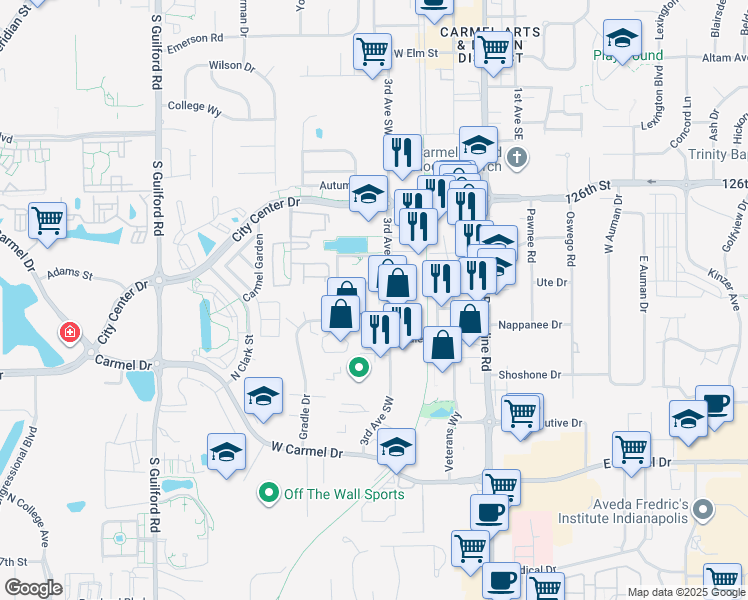 map of restaurants, bars, coffee shops, grocery stores, and more near 308 Gradle Drive in Carmel