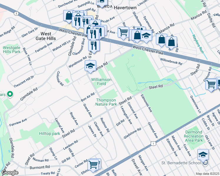 map of restaurants, bars, coffee shops, grocery stores, and more near 1013 Bon Air Road in Havertown