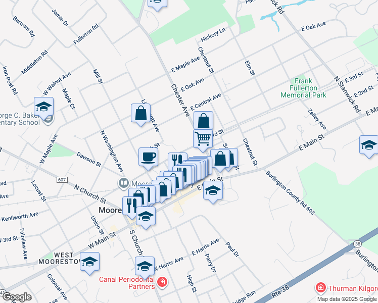 map of restaurants, bars, coffee shops, grocery stores, and more near 82 East 3rd Street in Moorestown