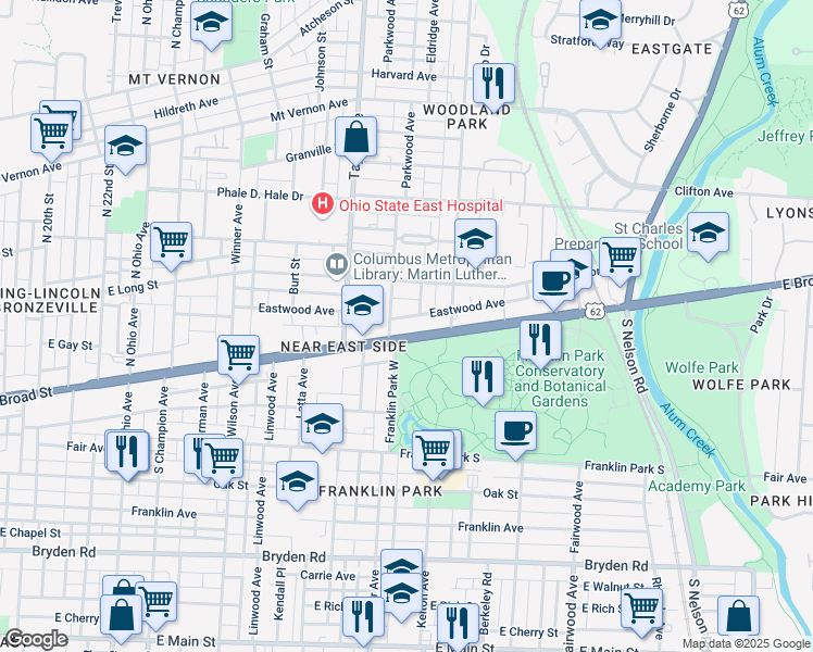 map of restaurants, bars, coffee shops, grocery stores, and more near 1560 Eastwood Avenue in Columbus