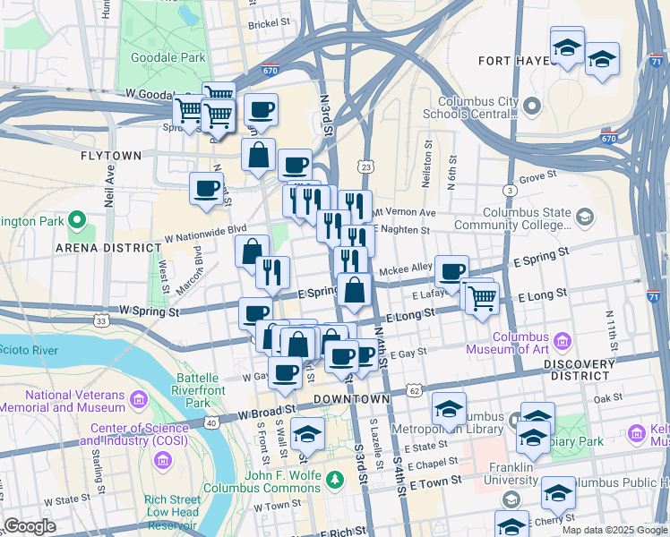 map of restaurants, bars, coffee shops, grocery stores, and more near 232 North 3rd Street in Columbus