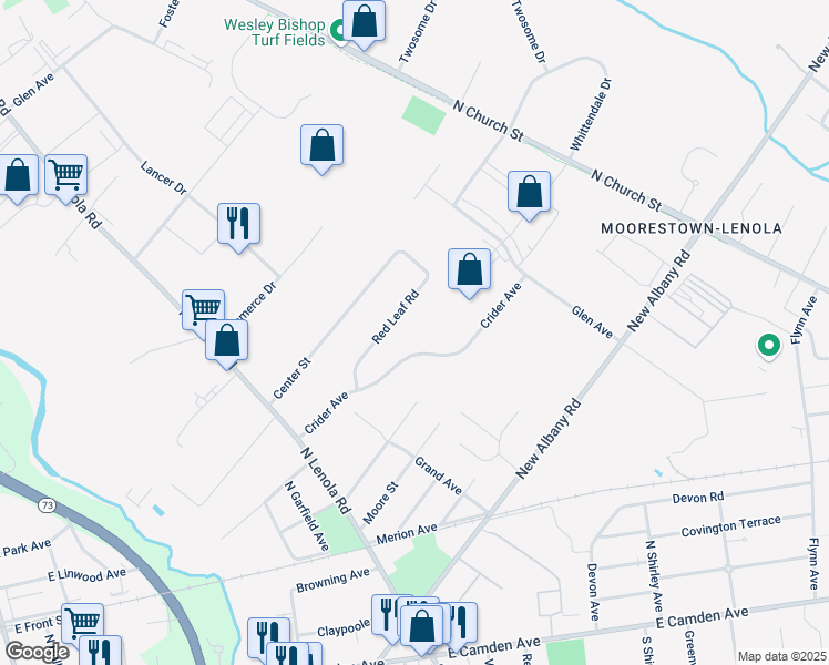 map of restaurants, bars, coffee shops, grocery stores, and more near 357 Crider Avenue in Moorestown
