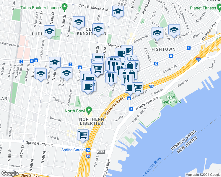 map of restaurants, bars, coffee shops, grocery stores, and more near N Hancock St & W Wildey St in Philadelphia