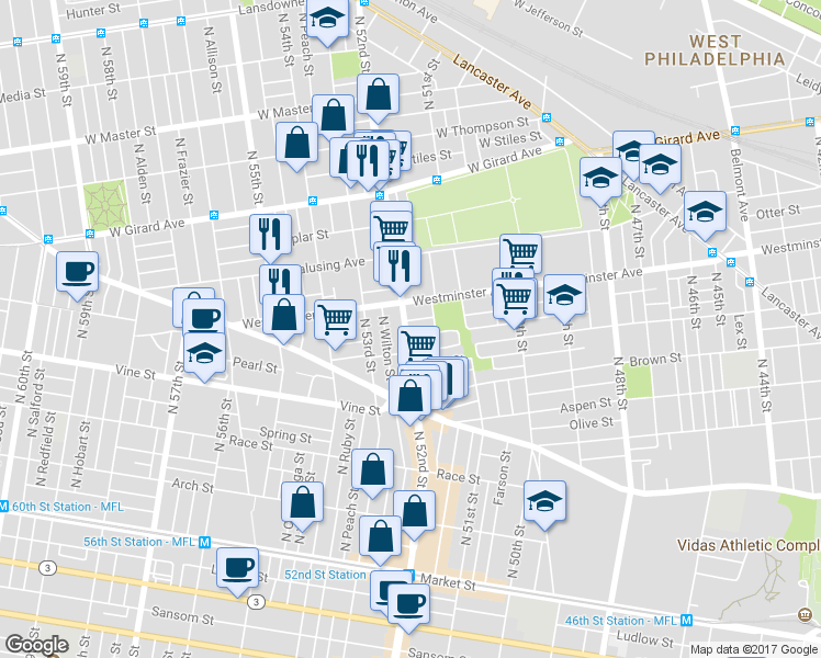 map of restaurants, bars, coffee shops, grocery stores, and more near 423 North 52nd Street in Philadelphia