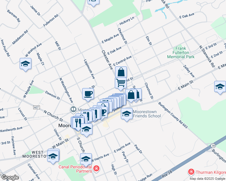map of restaurants, bars, coffee shops, grocery stores, and more near 80 East 3rd Street in Moorestown