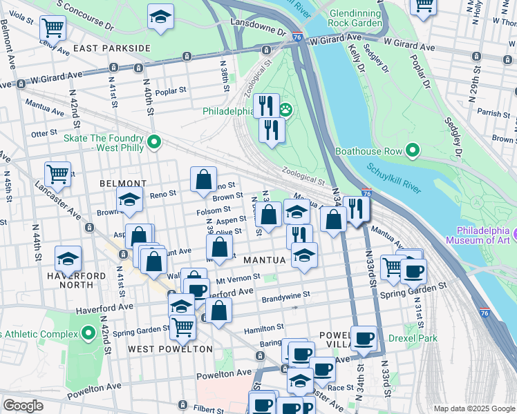 map of restaurants, bars, coffee shops, grocery stores, and more near 737 North Dekalb Street in Philadelphia