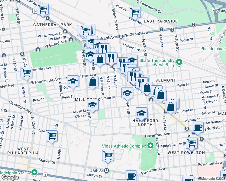 map of restaurants, bars, coffee shops, grocery stores, and more near 4500 Parrish Street in Philadelphia