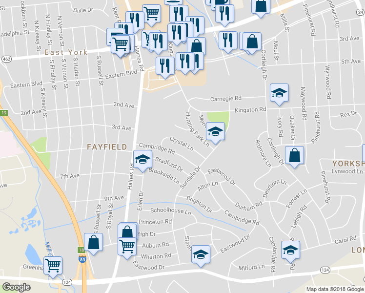 map of restaurants, bars, coffee shops, grocery stores, and more near 2454 Crystal Lane in East York
