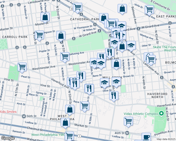 map of restaurants, bars, coffee shops, grocery stores, and more near 5020 Ogden Street in Philadelphia