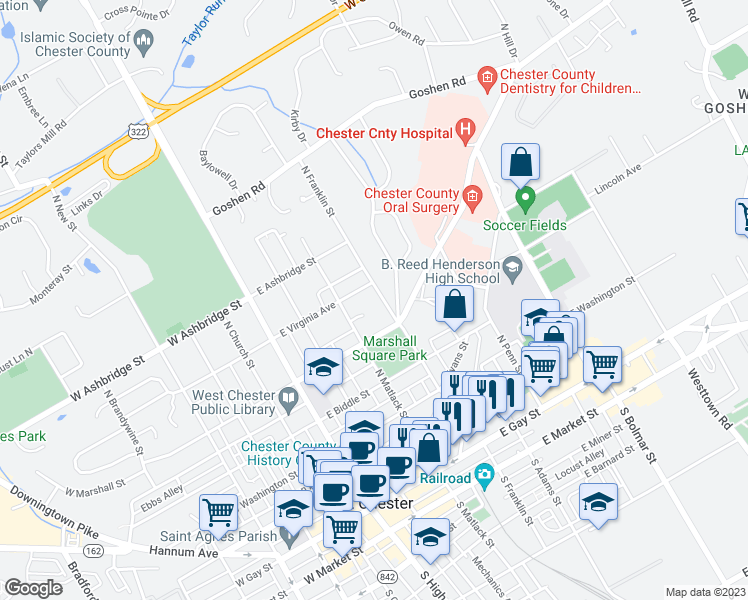map of restaurants, bars, coffee shops, grocery stores, and more near 506 North Franklin Street in West Chester