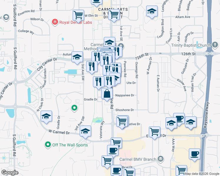 map of restaurants, bars, coffee shops, grocery stores, and more near 918 South Rangeline Road in Carmel