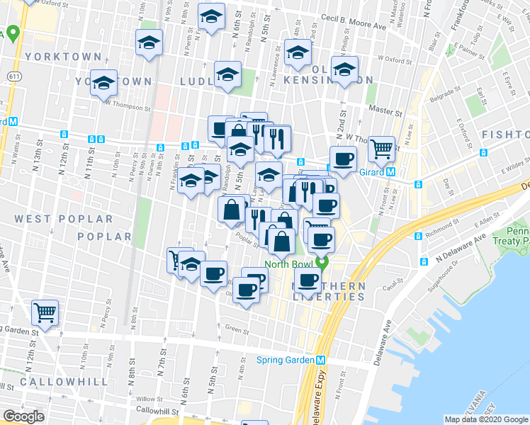 map of restaurants, bars, coffee shops, grocery stores, and more near 1016 North 4th Street in Philadelphia