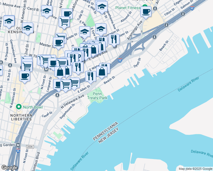 map of restaurants, bars, coffee shops, grocery stores, and more near 1325R Beach Street in Philadelphia