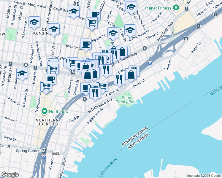 map of restaurants, bars, coffee shops, grocery stores, and more near 300 Richmond Street in Philadelphia
