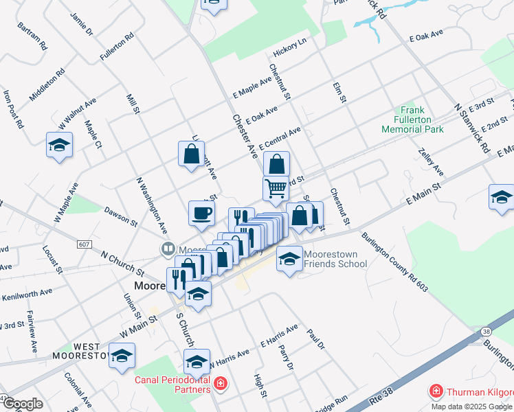 map of restaurants, bars, coffee shops, grocery stores, and more near 80 East 3rd Street in Moorestown