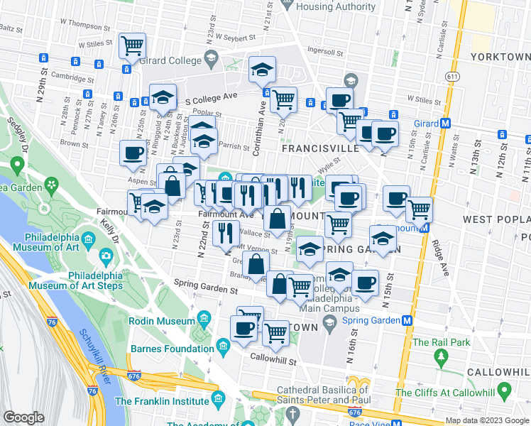 map of restaurants, bars, coffee shops, grocery stores, and more near 2001 Fairmount Avenue in Philadelphia