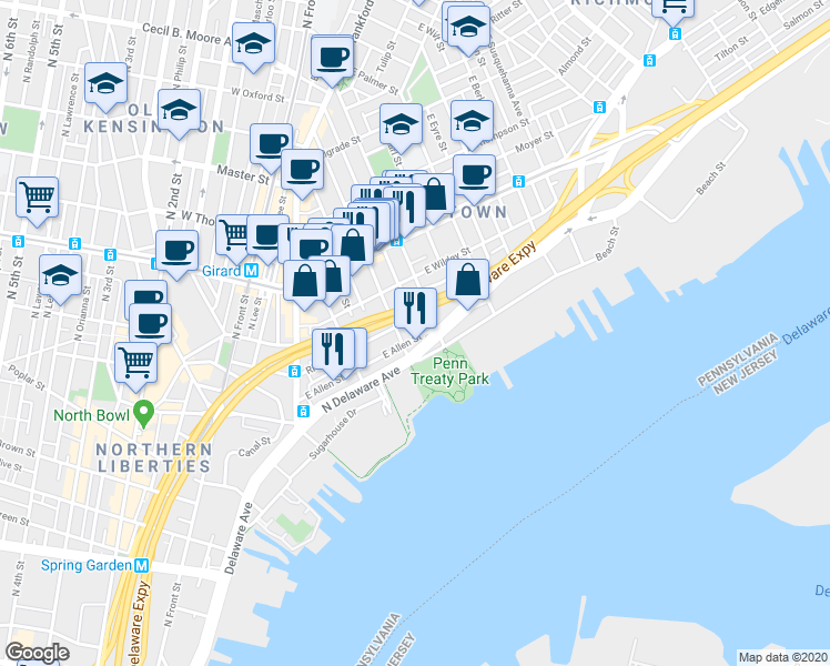 map of restaurants, bars, coffee shops, grocery stores, and more near 315 East Allen Street in Philadelphia