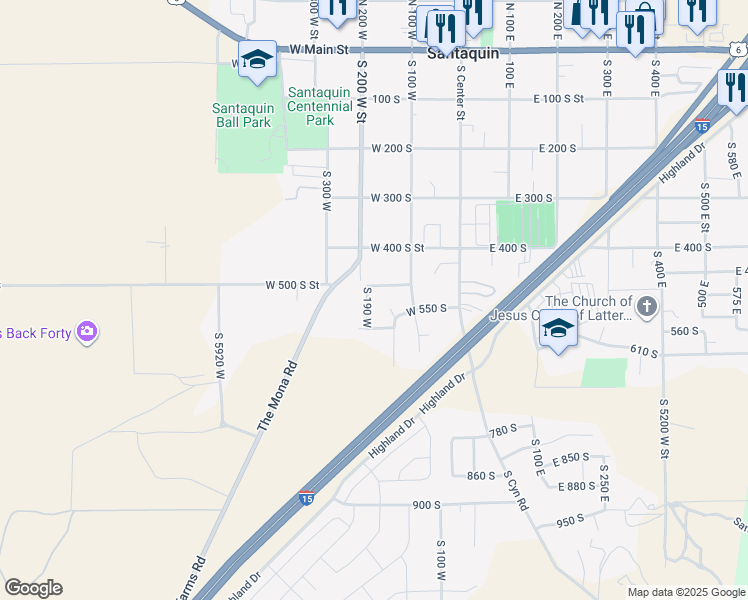 map of restaurants, bars, coffee shops, grocery stores, and more near 527 South 190 West in Santaquin