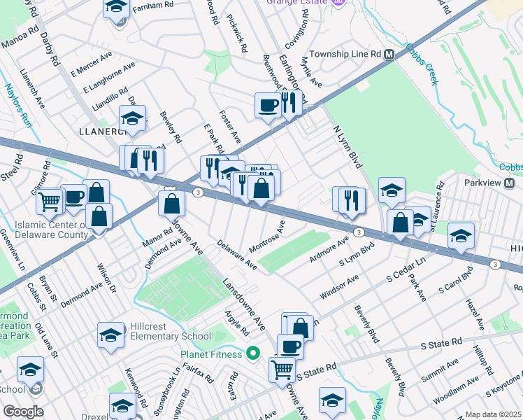 map of restaurants, bars, coffee shops, grocery stores, and more near 8906B West Chester Pike in Delaware County