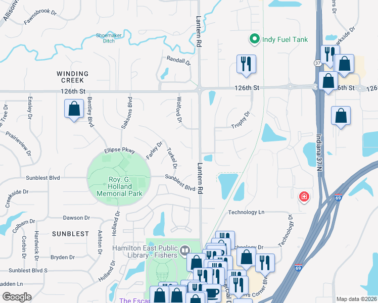 map of restaurants, bars, coffee shops, grocery stores, and more near 12465 Atwood Place in Fishers