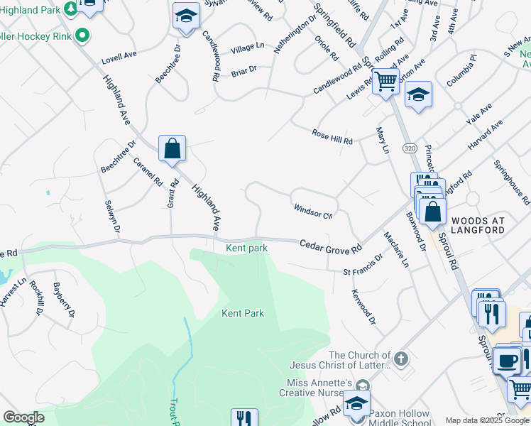 map of restaurants, bars, coffee shops, grocery stores, and more near 2507 Parke Lane in Broomall