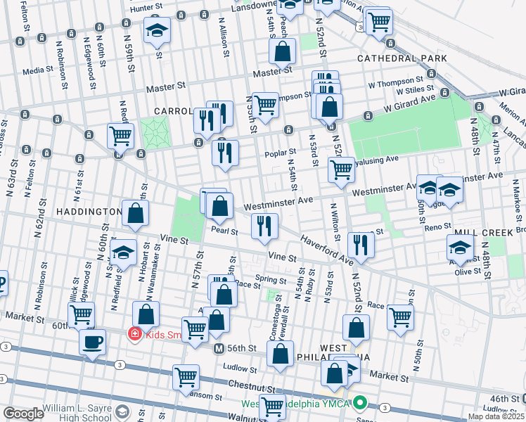 map of restaurants, bars, coffee shops, grocery stores, and more near 404 North 55th Street in Philadelphia