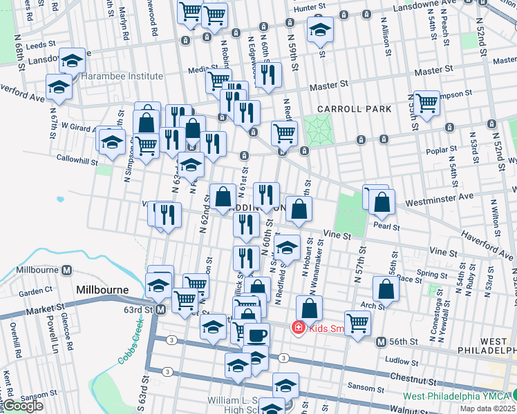 map of restaurants, bars, coffee shops, grocery stores, and more near 331 North Edgewood Street in Philadelphia