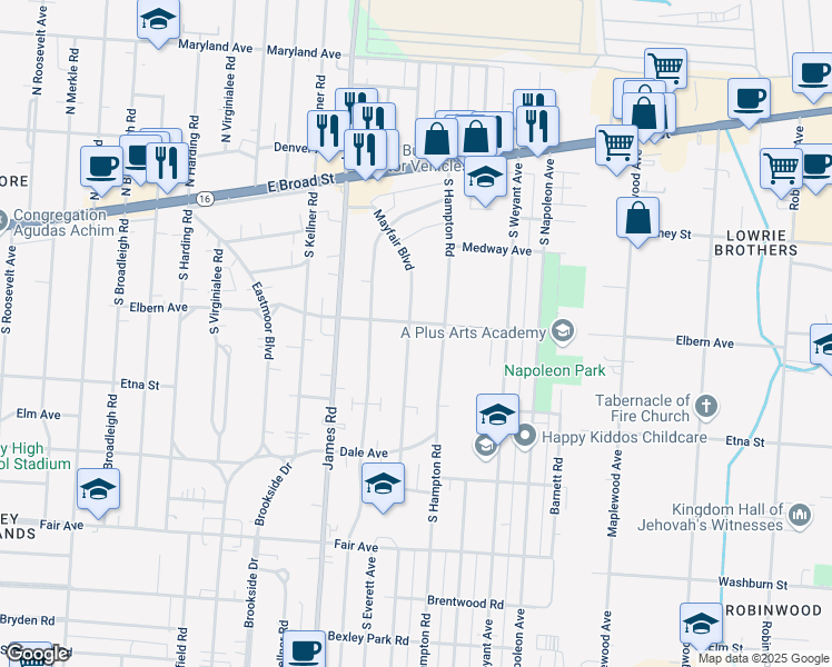 map of restaurants, bars, coffee shops, grocery stores, and more near 226 Mayfair Boulevard in Columbus