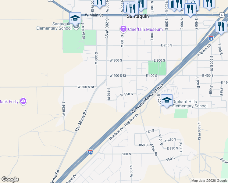 map of restaurants, bars, coffee shops, grocery stores, and more near 538 South 140 West in Santaquin