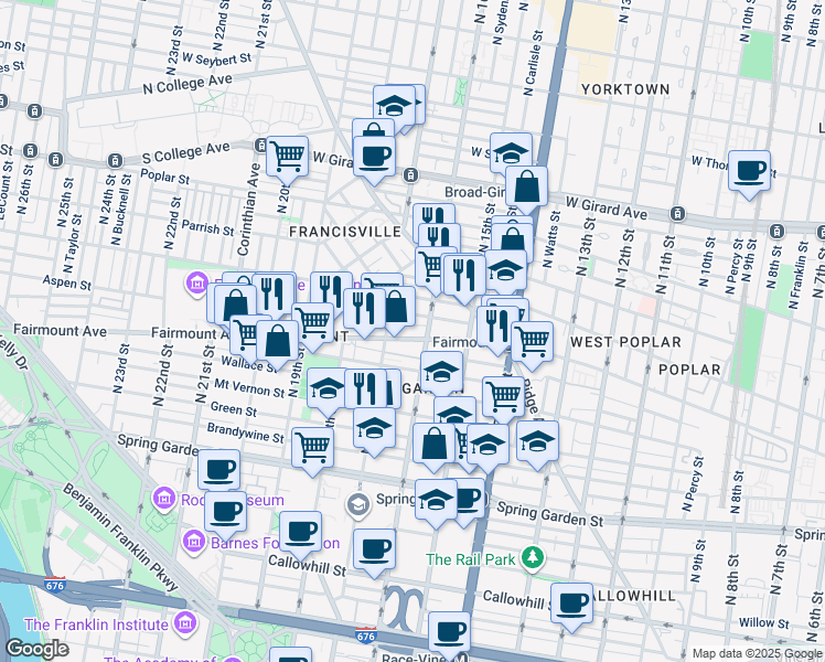 map of restaurants, bars, coffee shops, grocery stores, and more near 1613 Fairmount Avenue in Philadelphia