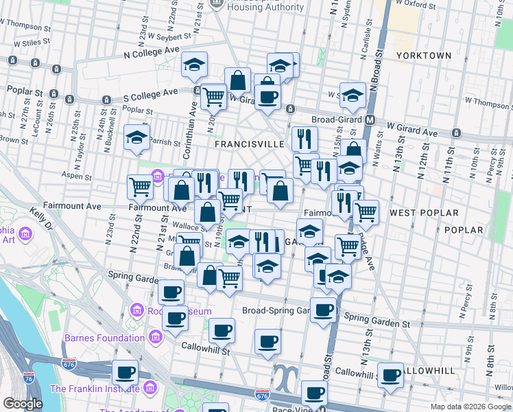 map of restaurants, bars, coffee shops, grocery stores, and more near 1737 Fairmount Avenue in Philadelphia