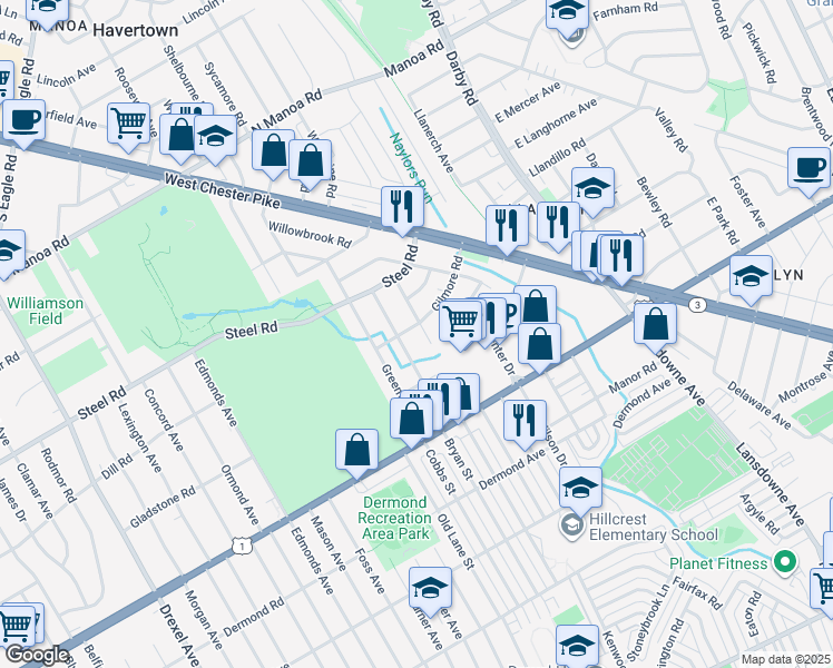 map of restaurants, bars, coffee shops, grocery stores, and more near 350 Richland Avenue in Havertown