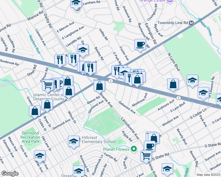 map of restaurants, bars, coffee shops, grocery stores, and more near 8525 Monroe Avenue in Upper Darby