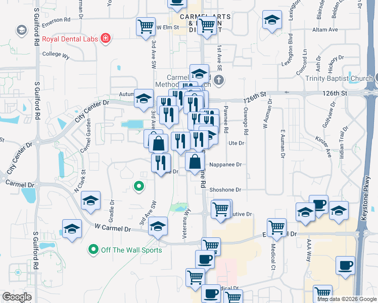 map of restaurants, bars, coffee shops, grocery stores, and more near 2 Civic Square in Carmel