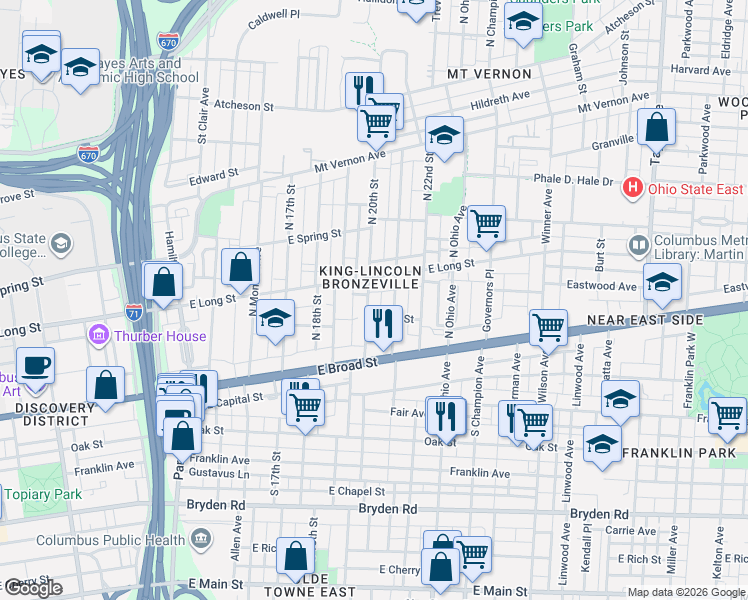 map of restaurants, bars, coffee shops, grocery stores, and more near 94 North 20th Street in Columbus