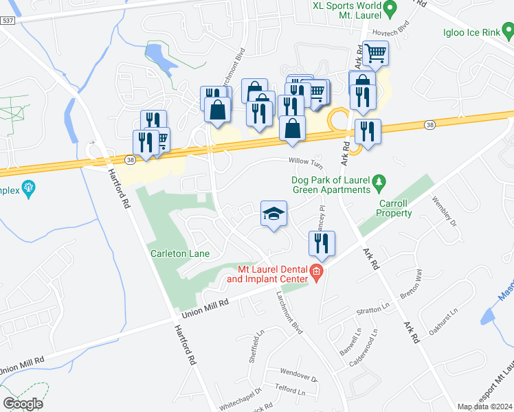 map of restaurants, bars, coffee shops, grocery stores, and more near 562A Willow Turn in Mount Laurel Township