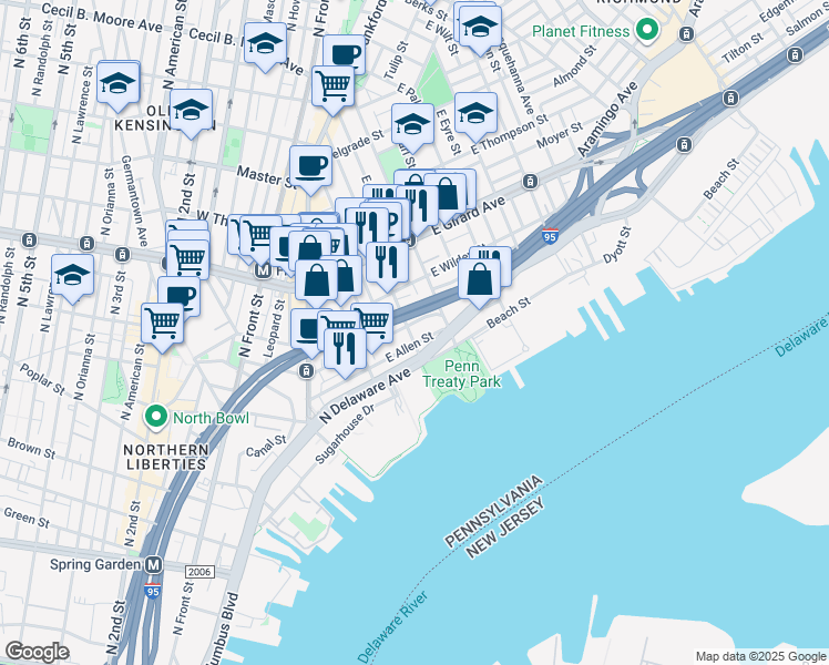map of restaurants, bars, coffee shops, grocery stores, and more near 300 Richmond Street in Philadelphia
